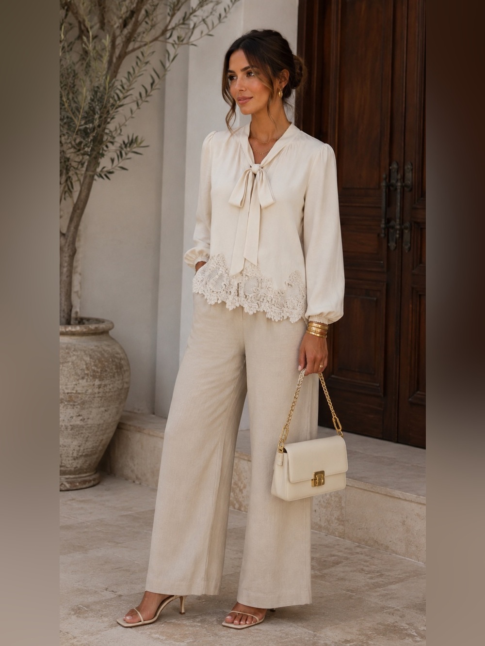 Joie Cream Lace-Hem Bow-Tie Blouse
